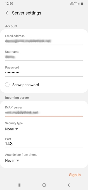 Enter Username and Incoming server address